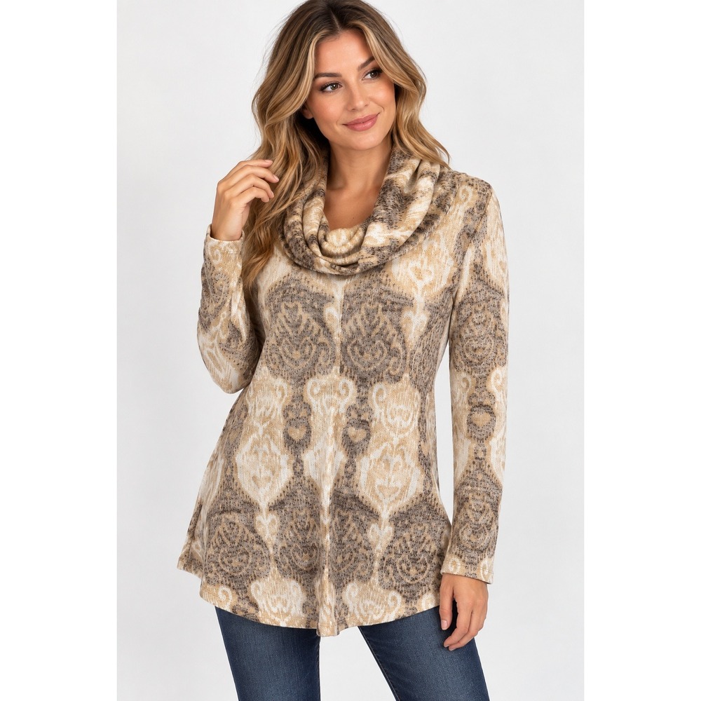 Boho CottageCore Western Tunic Sweater Size Small Cowl Neck Damask Knit Beige